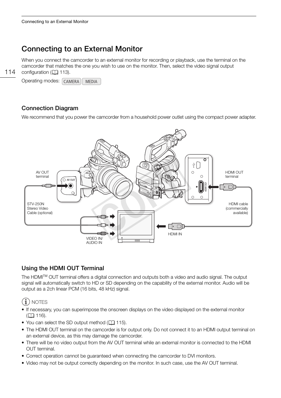 Connecting to an external monitor, Connection diagram, Using the hdmi out terminal | Connecting to an external monitor 114, Cop y | Canon EOS C100 User Manual | Page 114 / 166