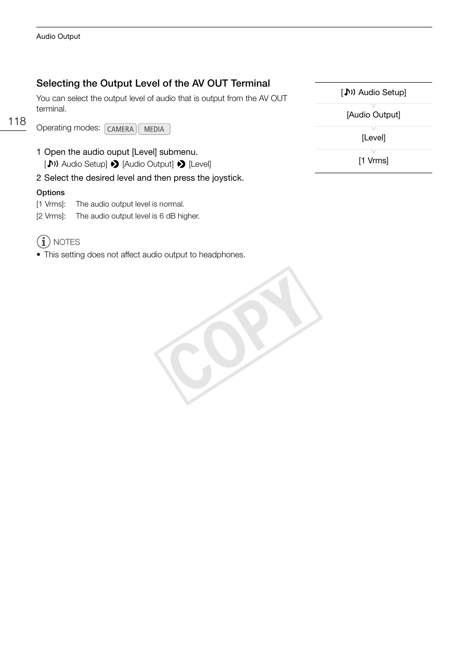 Selecting the output level of the av out terminal, Selecting the output level of the av out, Terminal 118 | Cop y | Canon EOS C100 User Manual | Page 118 / 166