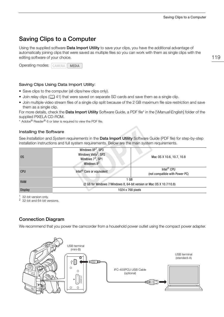 Saving clips to a computer, Connection diagram, Saving clips to a computer 119 | Connection diagram 119, Cop y | Canon EOS C100 User Manual | Page 119 / 166