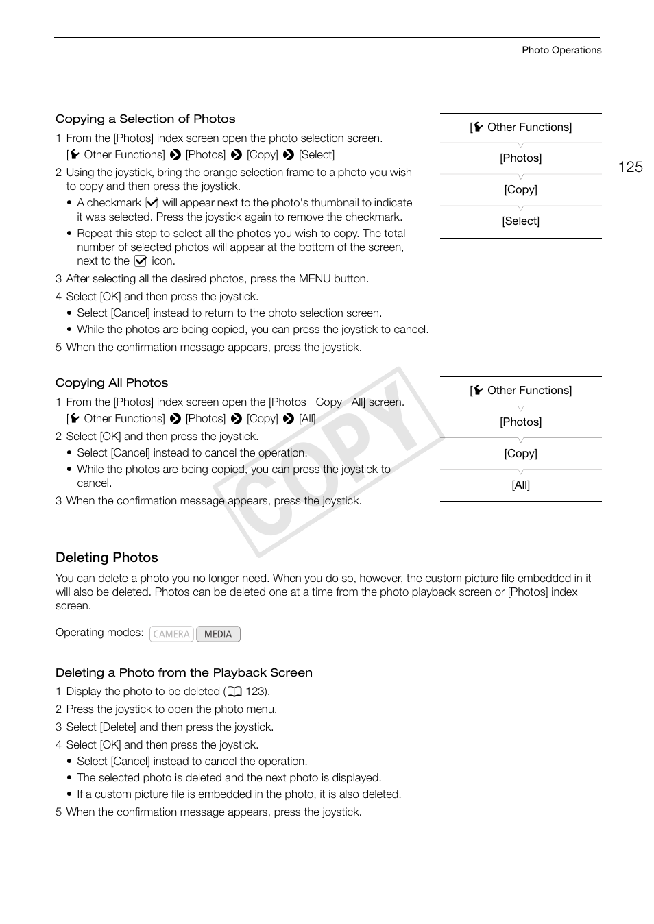 Deleting photos, Deleting photos 125, Cop y | Canon EOS C100 User Manual | Page 125 / 166