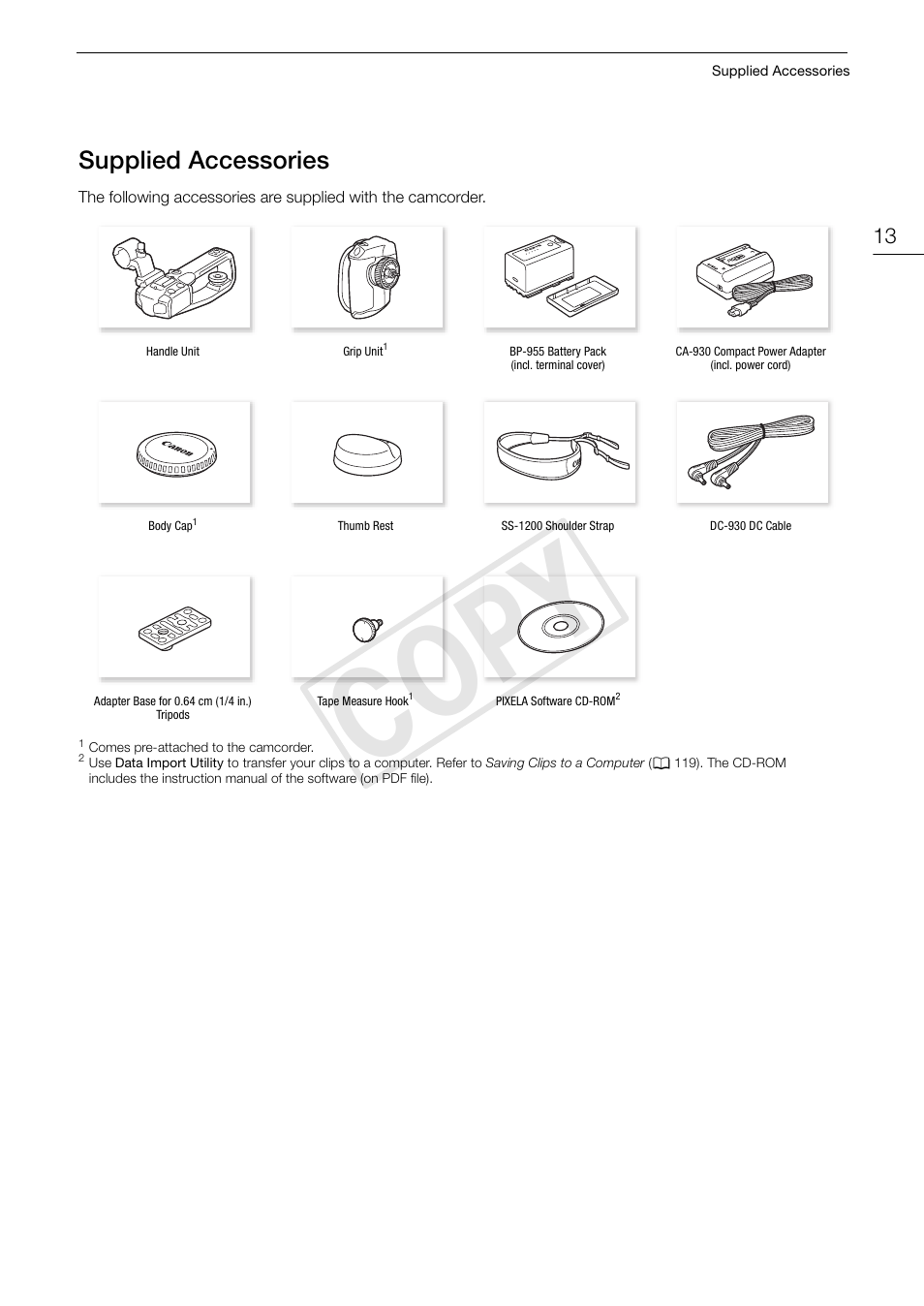 Supplied accessories, Supplied accessories 13, Cop y | Canon EOS C100 User Manual | Page 13 / 166