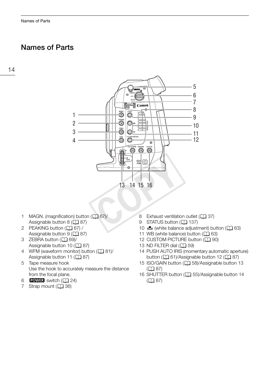 Names of parts, Names of parts 14, Cop y | Canon EOS C100 User Manual | Page 14 / 166