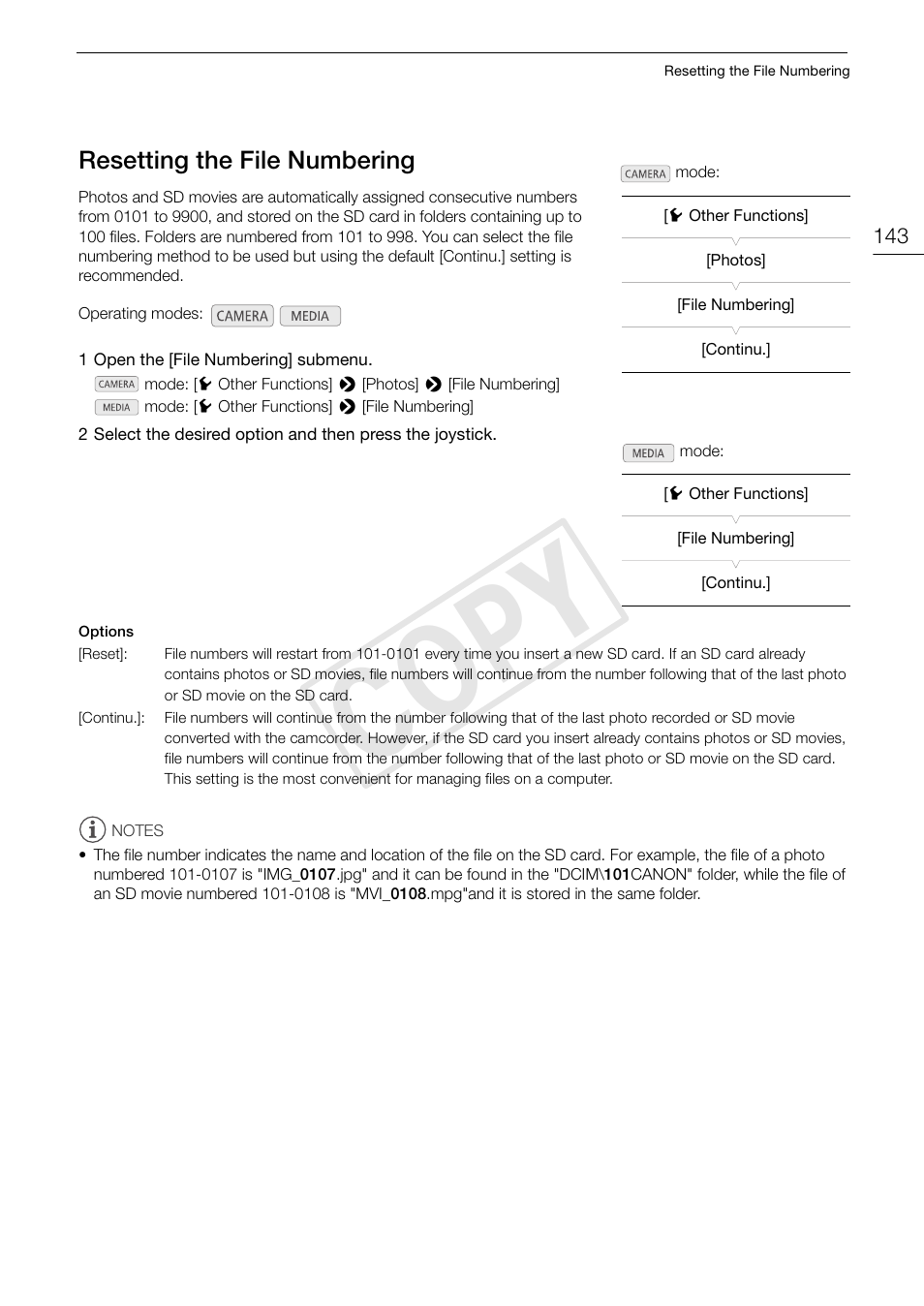 Resetting the file numbering, Resetting the file numbering 143, Cop y | Canon EOS C100 User Manual | Page 143 / 166