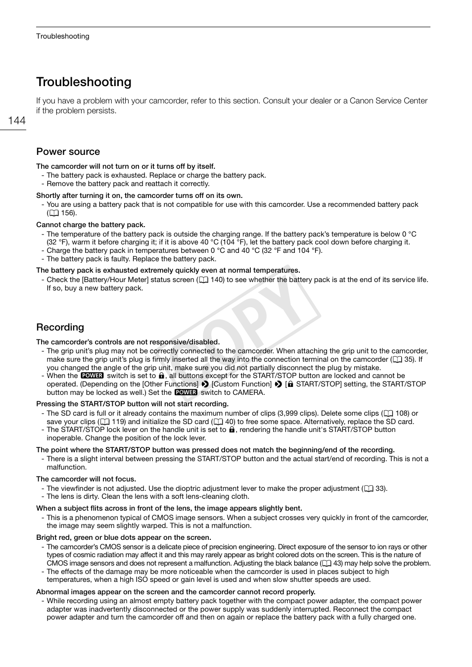 Troubleshooting, Troubleshooting 144, Cop y | Canon EOS C100 User Manual | Page 144 / 166