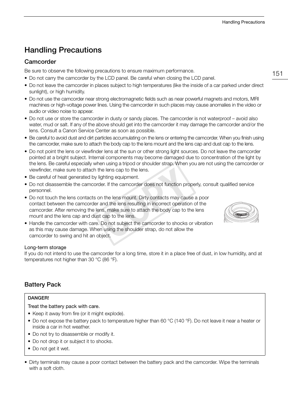 Handling precautions, Handling precautions 151, Cop y | Canon EOS C100 User Manual | Page 151 / 166
