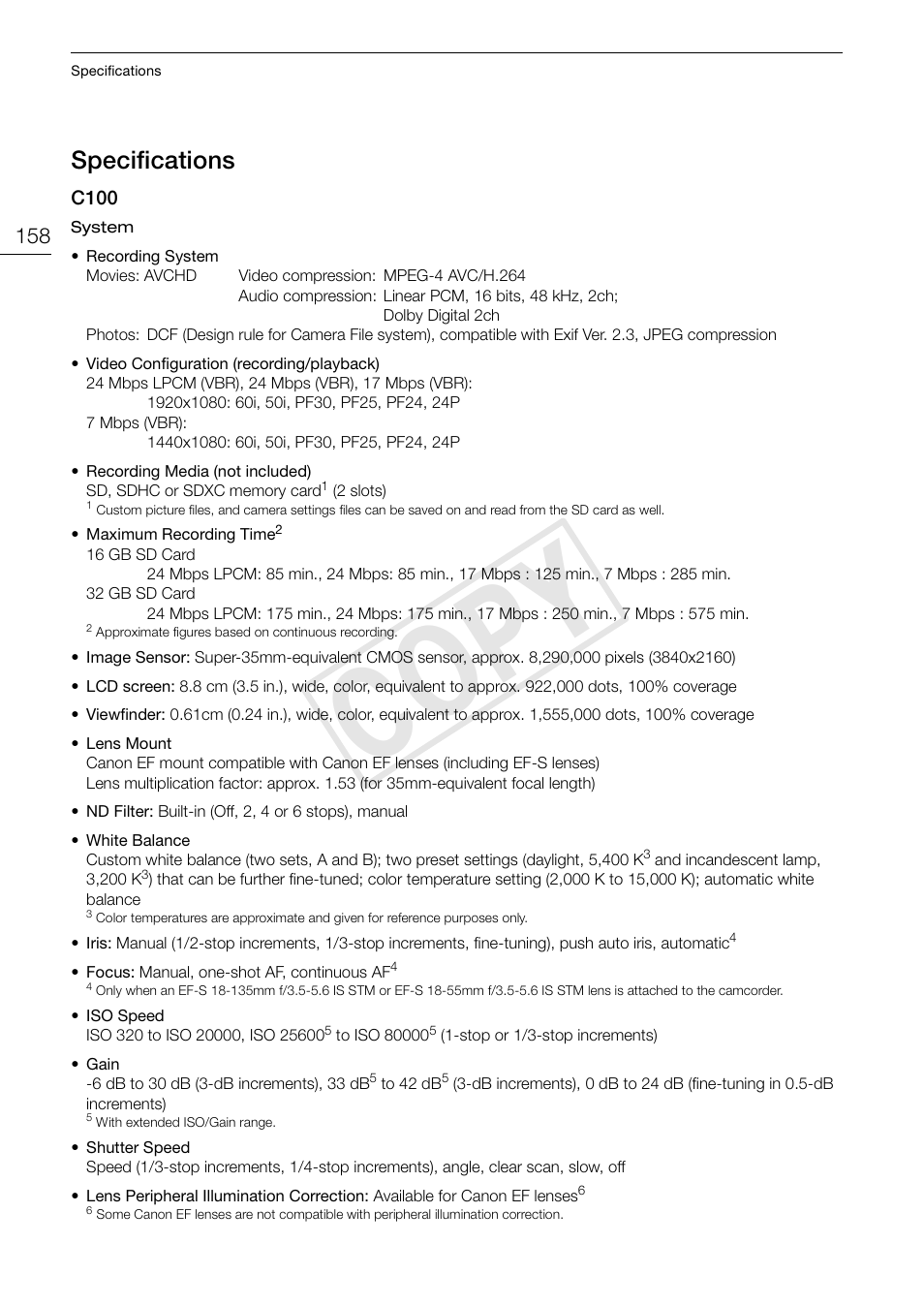 Specifications, Specifications 158, Cop y | Canon EOS C100 User Manual | Page 158 / 166