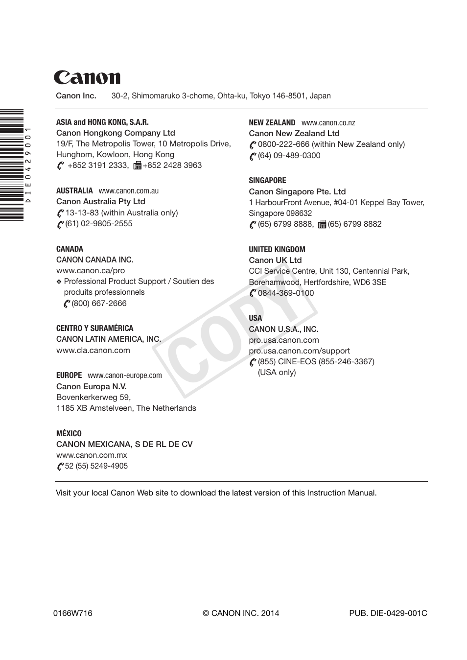 Cop y | Canon EOS C100 User Manual | Page 166 / 166
