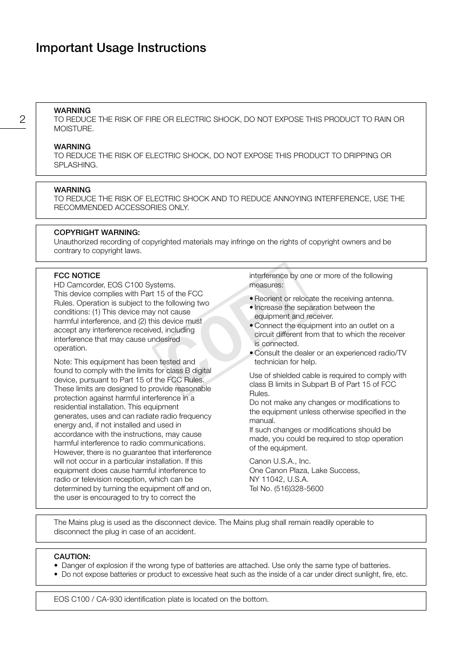 Cop y | Canon EOS C100 User Manual | Page 2 / 166
