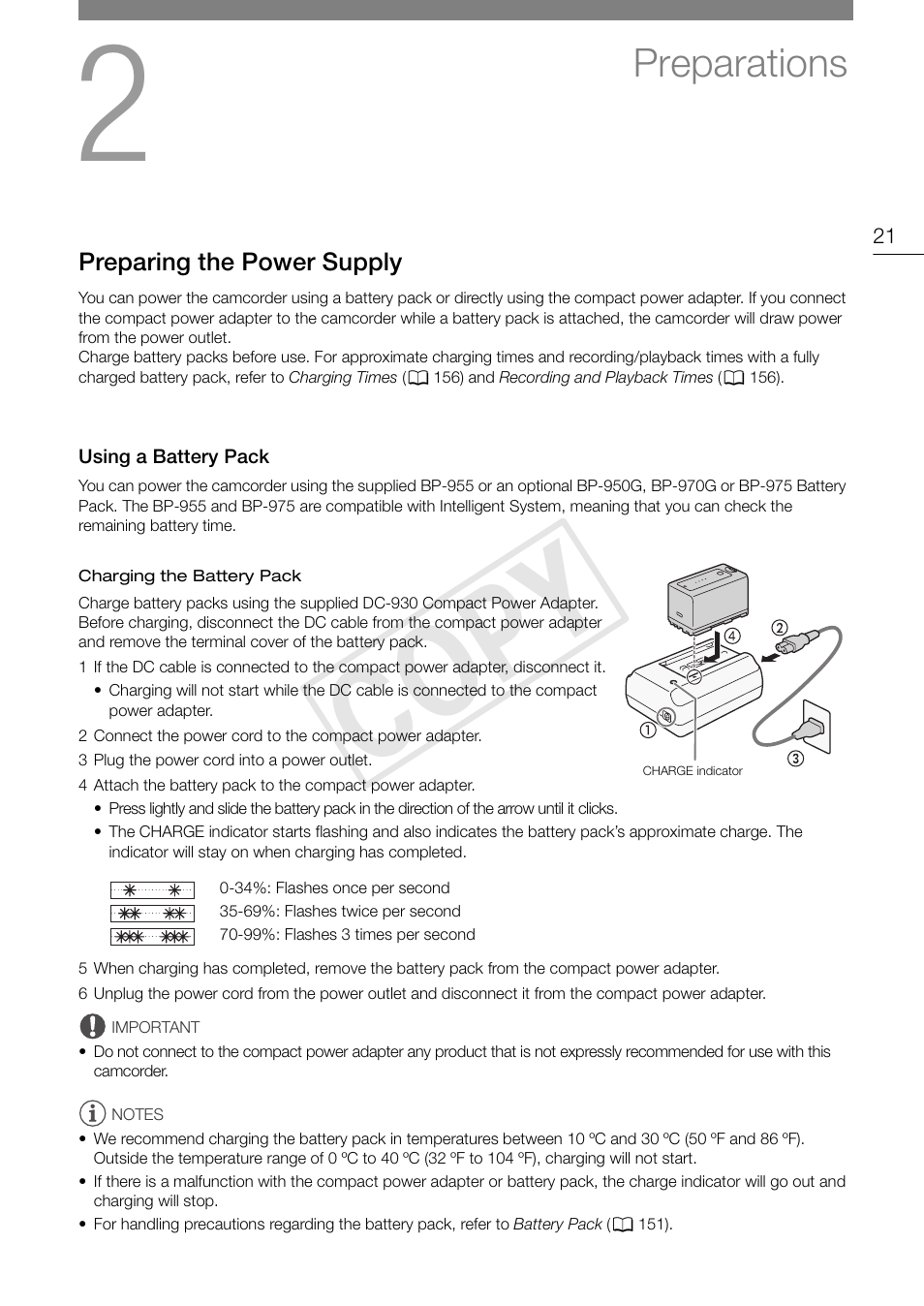 Preparations, Preparing the power supply, Using a battery pack | Preparations 21, Preparing the power supply 21, Using a battery pack 21, Cop y | Canon EOS C100 User Manual | Page 21 / 166