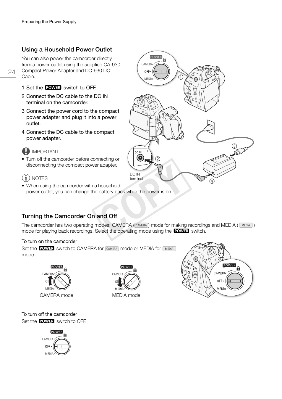 Using a household power outlet, Turning the camcorder on and off, Cop y | Canon EOS C100 User Manual | Page 24 / 166