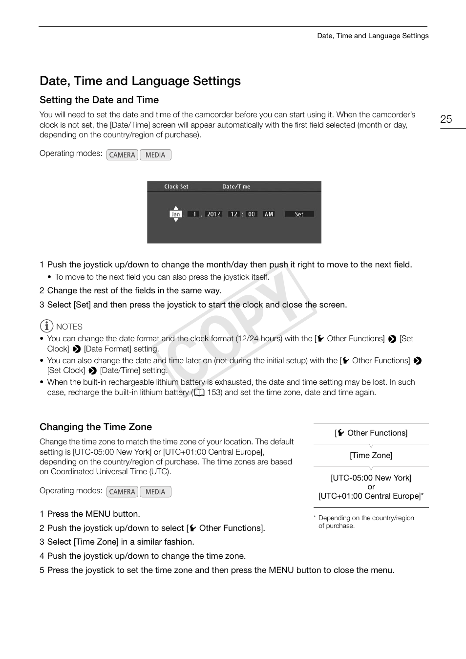 Date, time and language settings, Setting the date and time, Changing the time zone | Date, time and language settings 25, Cop y | Canon EOS C100 User Manual | Page 25 / 166