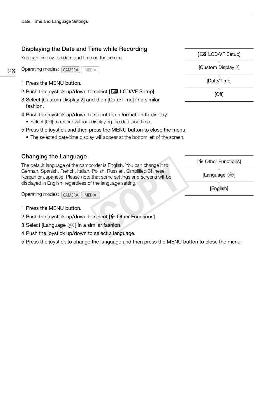 Displaying the date and time while recording, Changing the language, Displaying the date and time while recording 26 | Changing the language 26, Cop y | Canon EOS C100 User Manual | Page 26 / 166