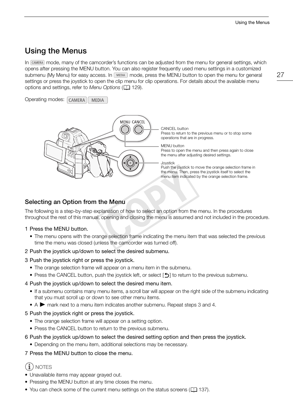 Using the menus, Selecting an option from the menu, Using the menus 27 | Selecting an option from the menu 27, Cop y | Canon EOS C100 User Manual | Page 27 / 166