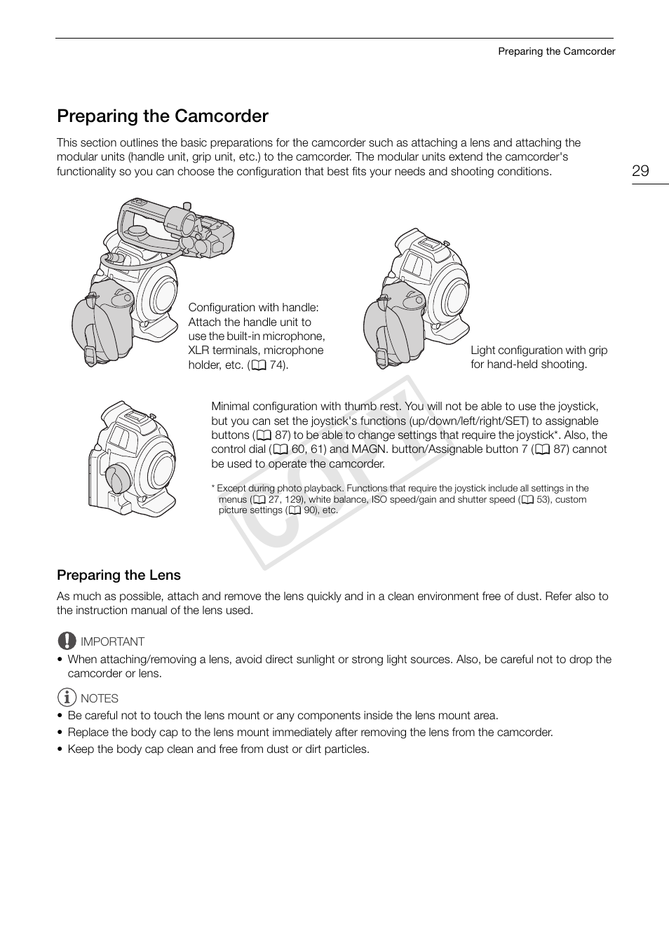 Preparing the camcorder, Preparing the lens, Preparing the camcorder 29 | Preparing the lens 29, Cop y | Canon EOS C100 User Manual | Page 29 / 166