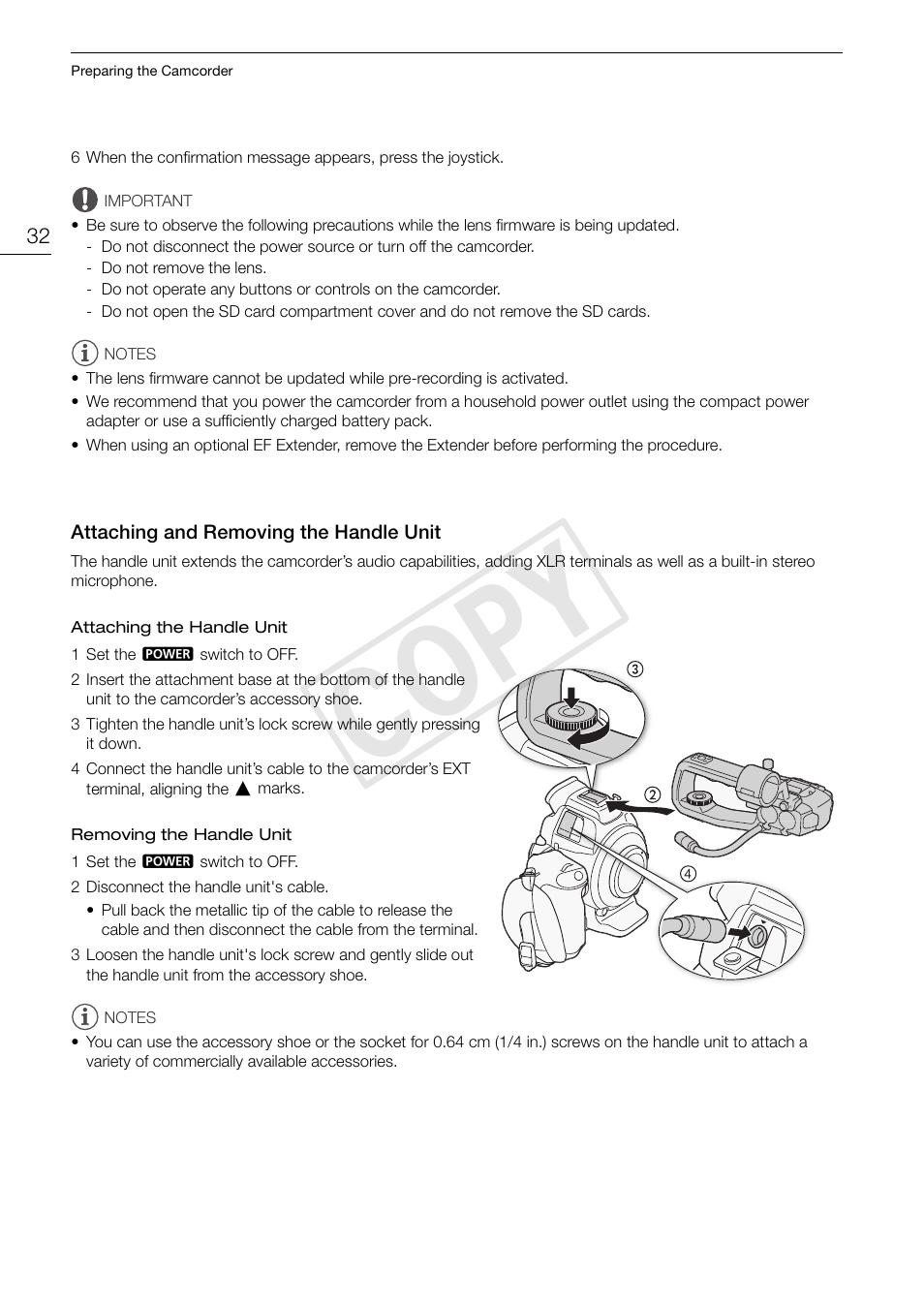 Attaching and removing the handle unit, Attaching and removing the handle unit 32, Cop y | Canon EOS C100 User Manual | Page 32 / 166
