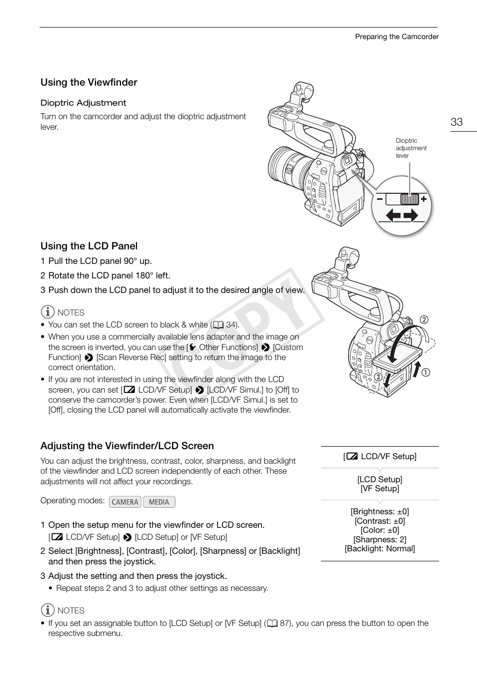 Using the viewfinder, Using the lcd panel, Adjusting the viewfinder/lcd screen | Using the viewfinder 33, Cop y | Canon EOS C100 User Manual | Page 33 / 166