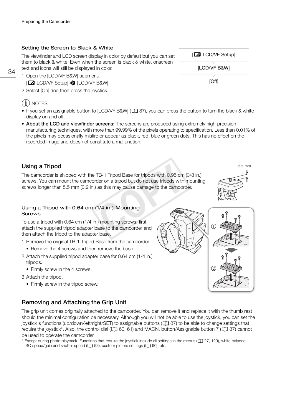 Using a tripod, Removing and attaching the grip unit, Cop y | Canon EOS C100 User Manual | Page 34 / 166