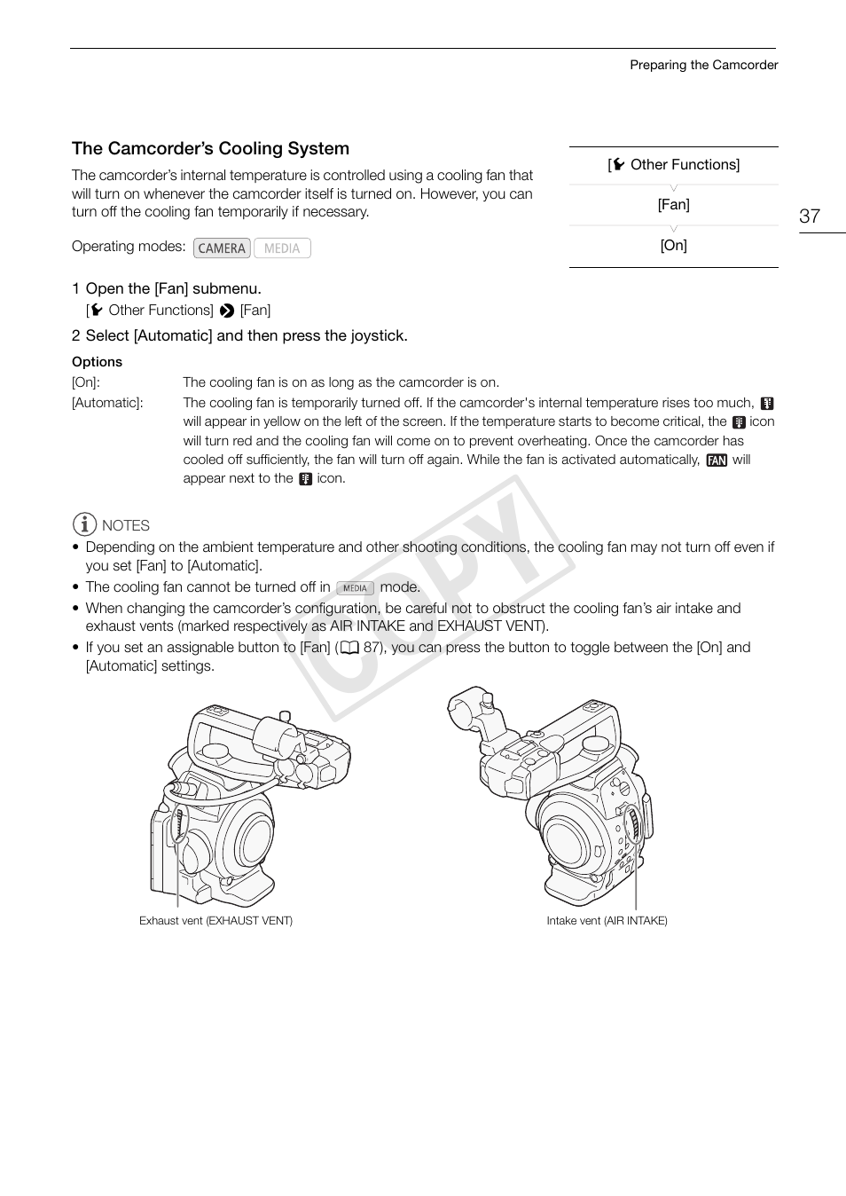 The camcorder’s cooling system, The camcorder’s cooling system 37, Cop y | Canon EOS C100 User Manual | Page 37 / 166