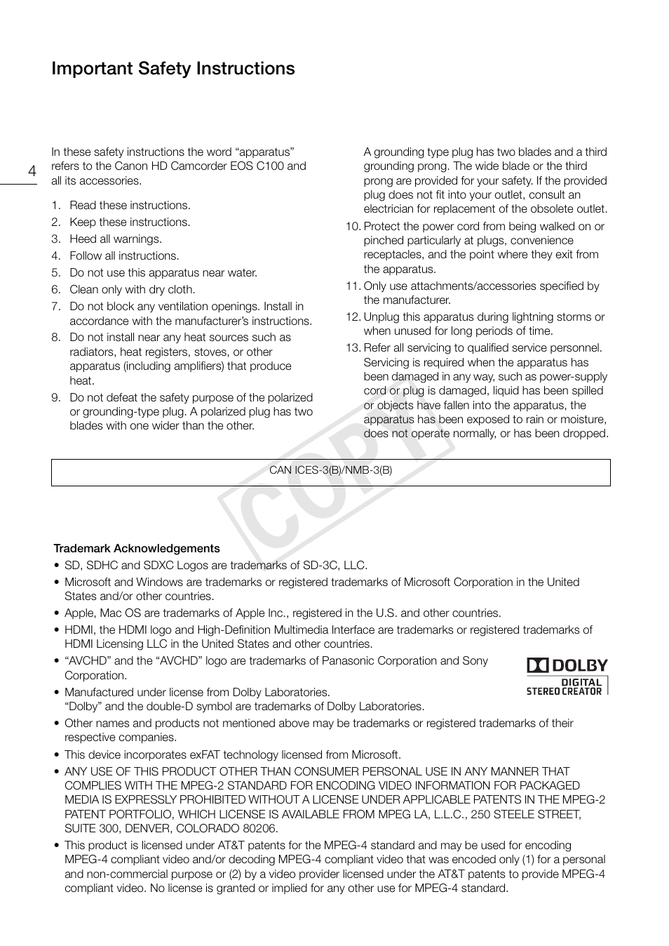 Cop y, Important safety instructions | Canon EOS C100 User Manual | Page 4 / 166