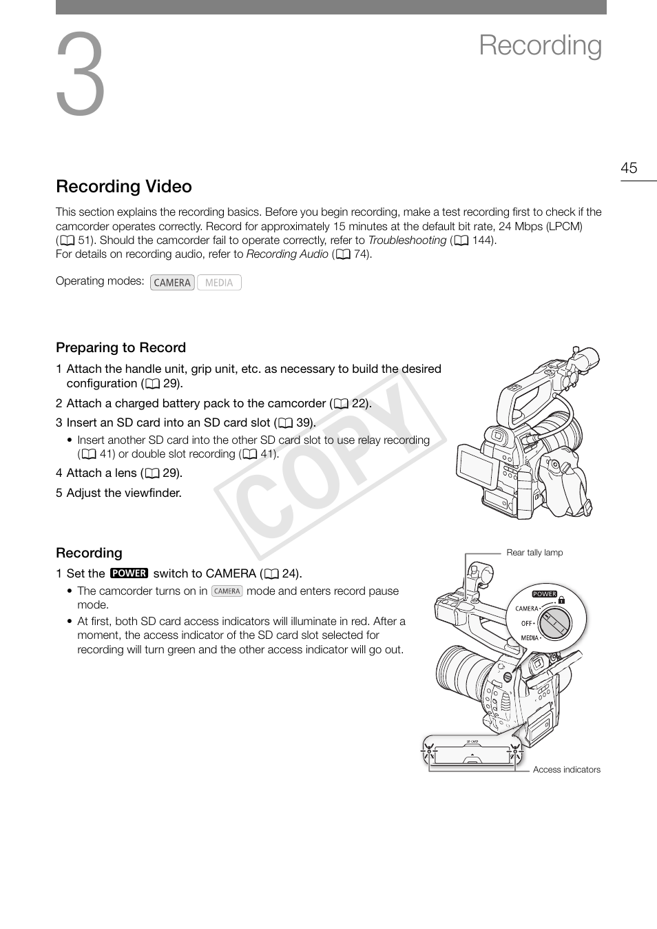 Recording, Recording video, Preparing to record | Recording 45, Recording video 45, Preparing to record 45 recording 45, Cop y | Canon EOS C100 User Manual | Page 45 / 166
