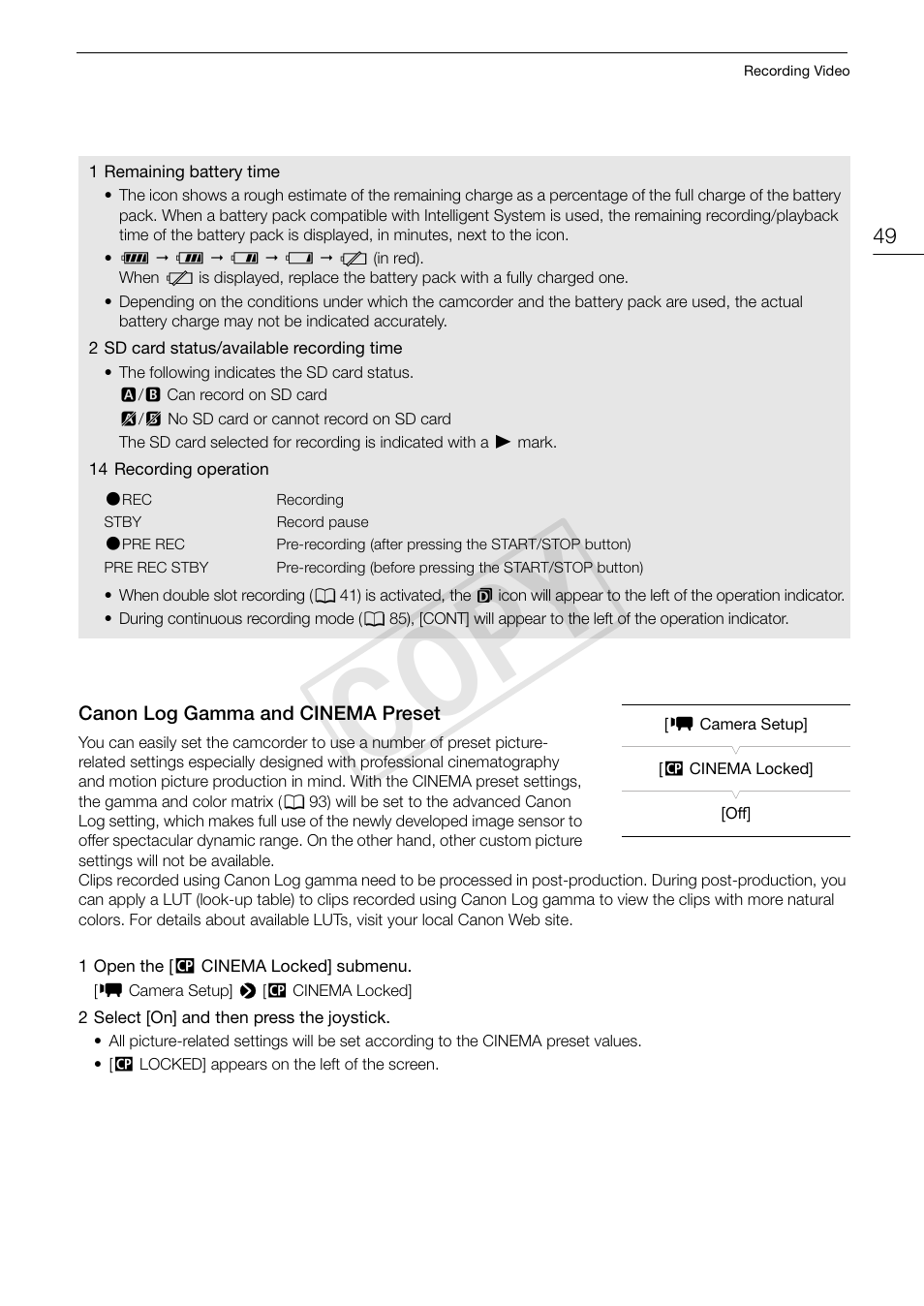 Canon log gamma and cinema preset, 49) f, Canon log gamma and cinema preset 49 | Cop y | Canon EOS C100 User Manual | Page 49 / 166