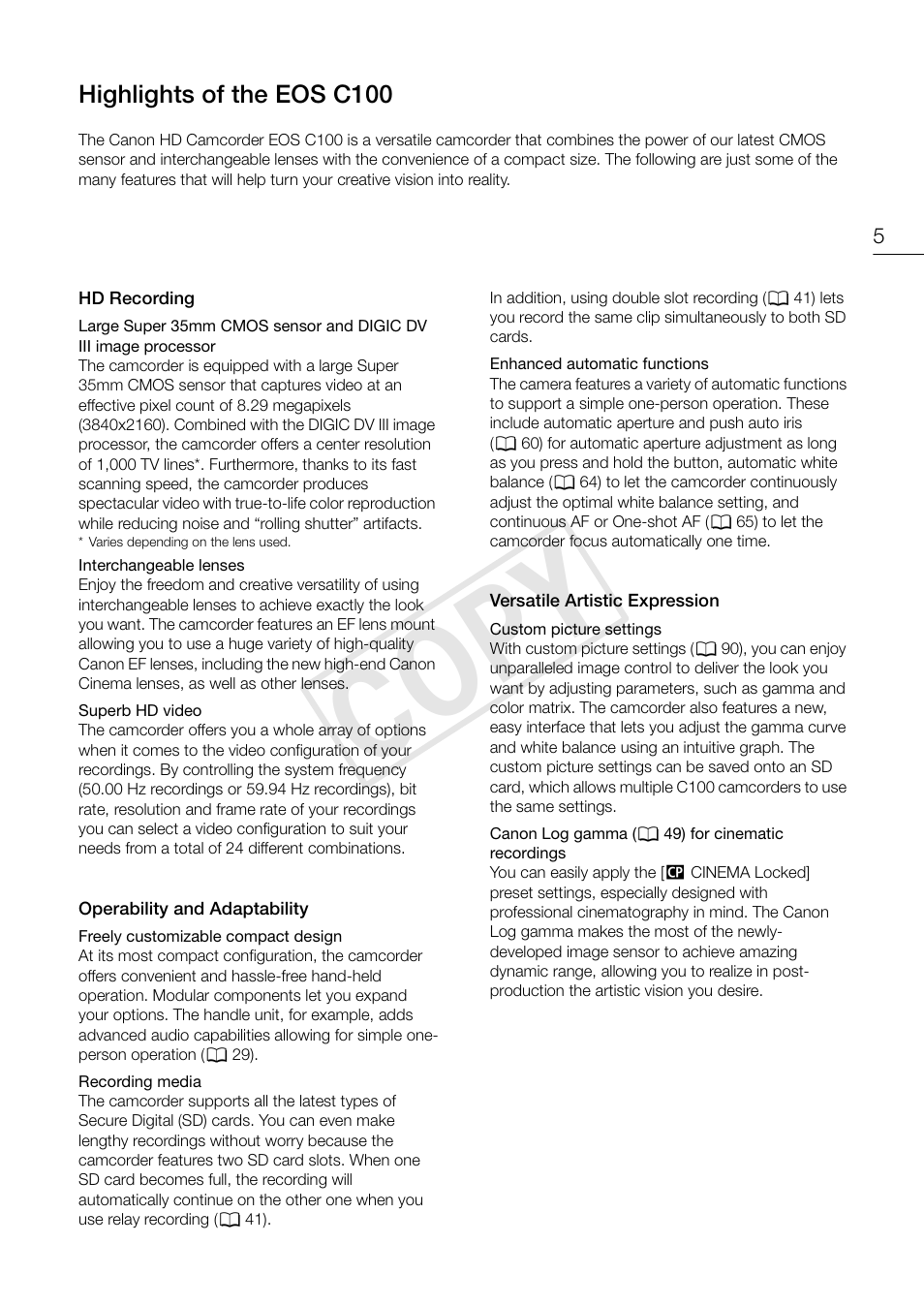 Cop y | Canon EOS C100 User Manual | Page 5 / 166