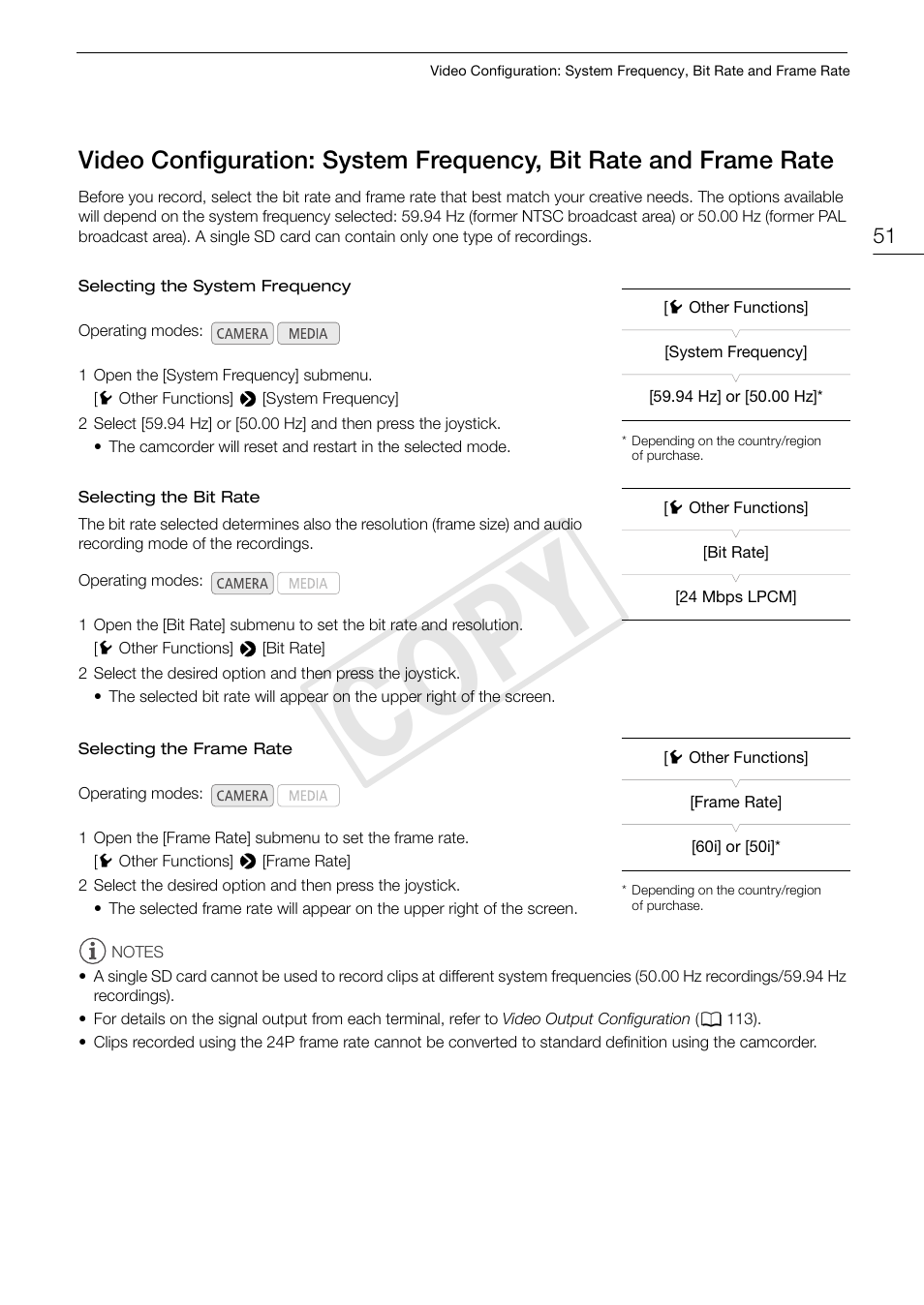 Video configuration: system frequency, bit rate, And frame rate 51, Cop y | Canon EOS C100 User Manual | Page 51 / 166