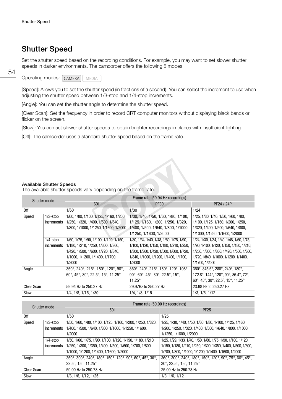 Shutter speed, Shutter speed 54, Cop y | Canon EOS C100 User Manual | Page 54 / 166