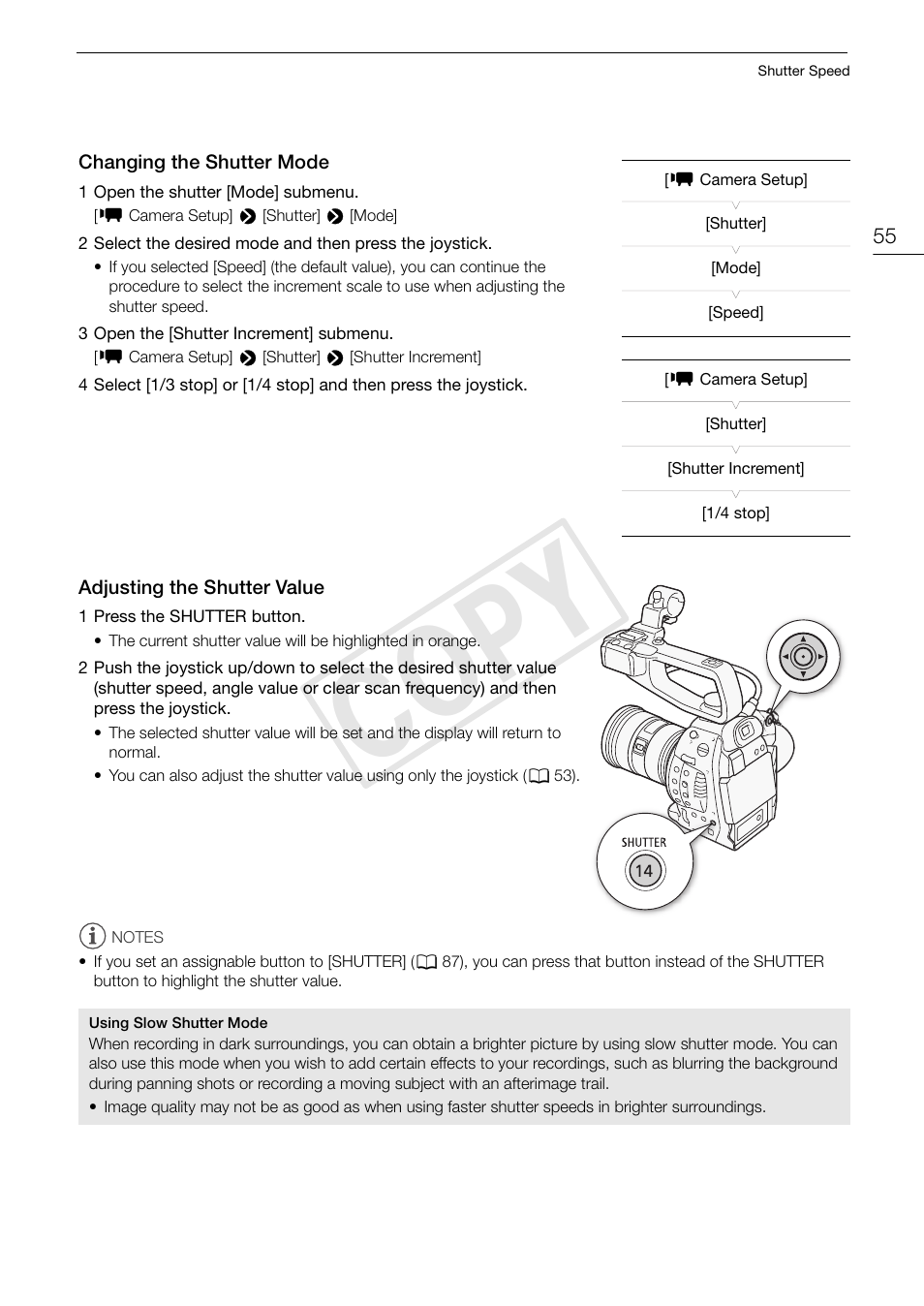 Changing the shutter mode, Adjusting the shutter value, Cop y | Canon EOS C100 User Manual | Page 55 / 166
