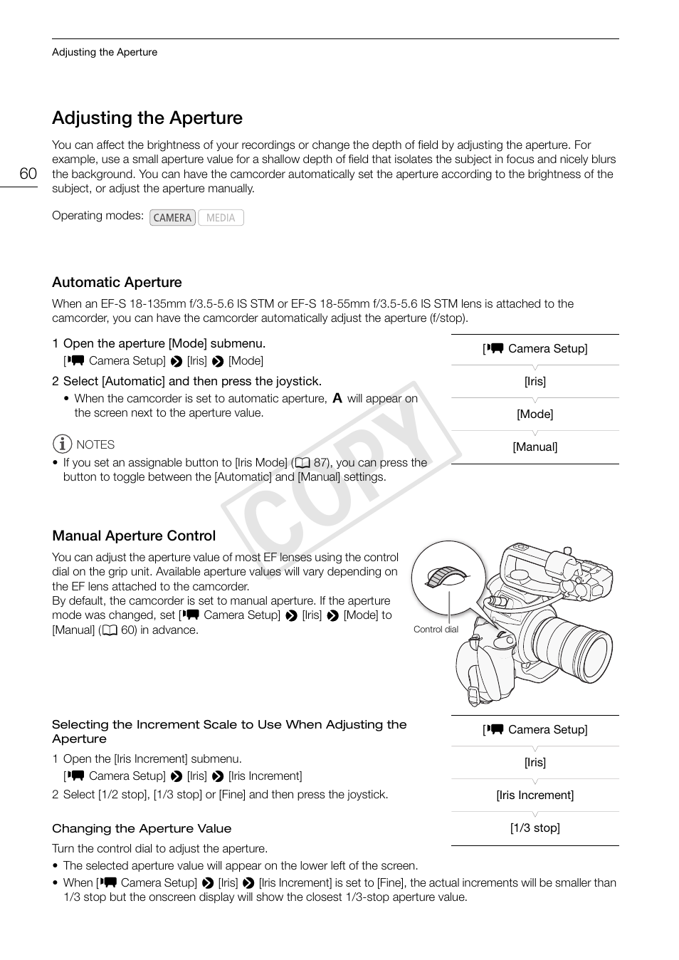 Adjusting the aperture, Automatic aperture, Manual aperture control | Adjusting the aperture 60, Automatic aperture 60, Manual aperture control 60, Cop y | Canon EOS C100 User Manual | Page 60 / 166
