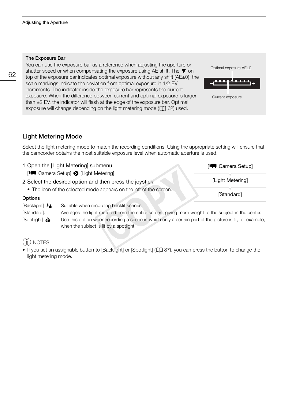 Light metering mode, Light metering mode 62, Cop y | Canon EOS C100 User Manual | Page 62 / 166