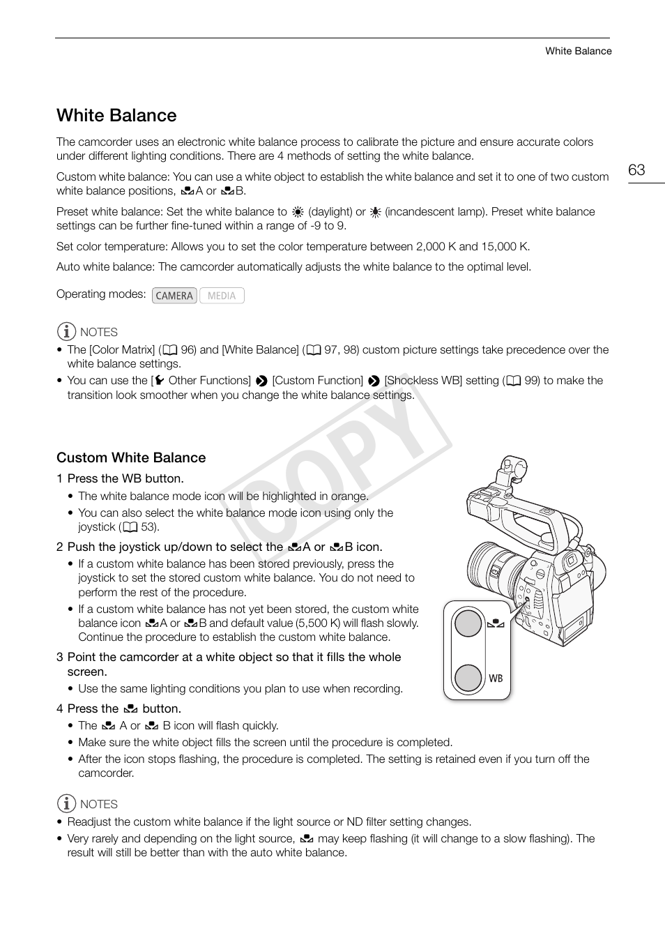 White balance, Custom white balance, White balance 63 | Custom white balance 63, Cop y | Canon EOS C100 User Manual | Page 63 / 166