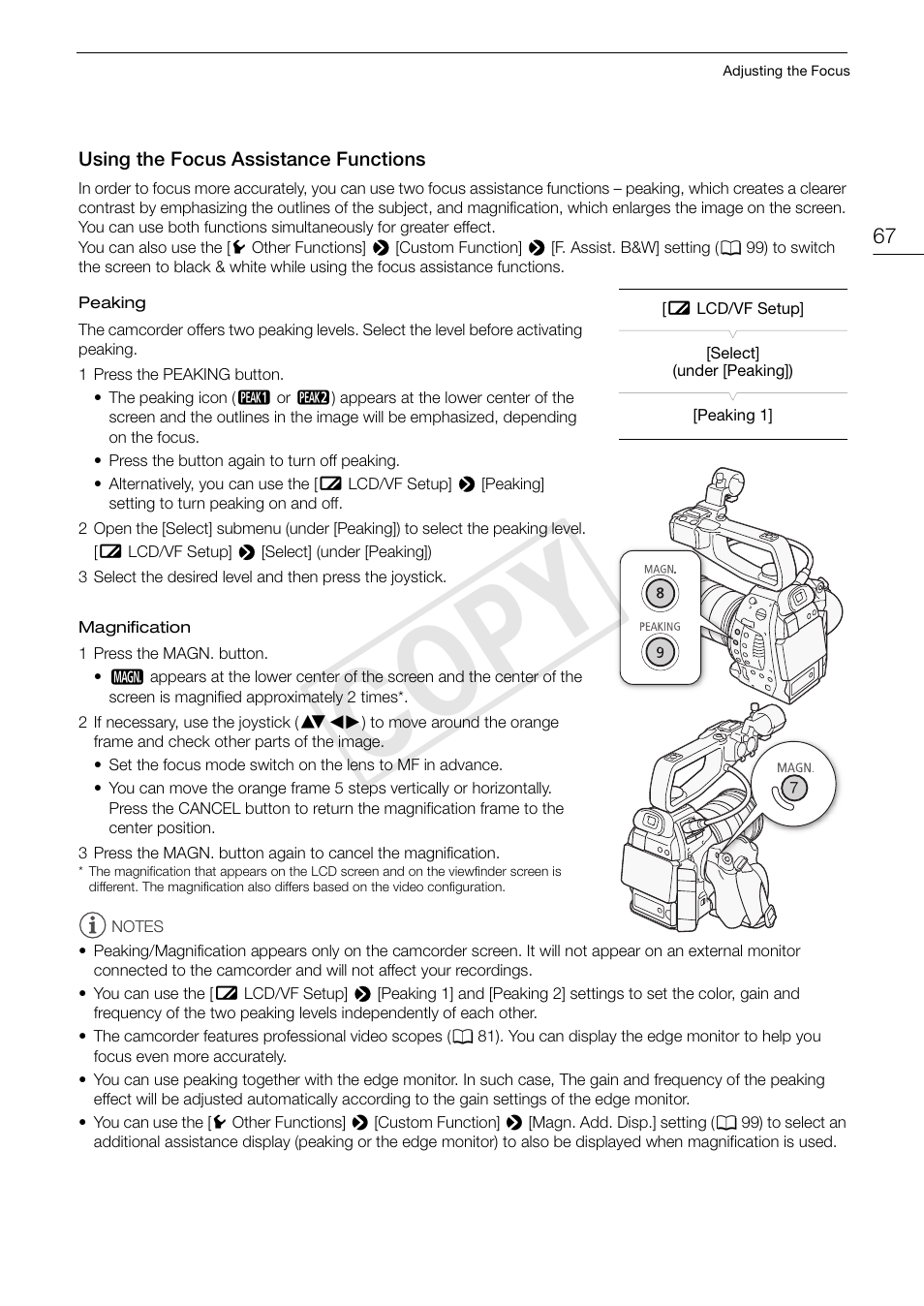 Using the focus assistance functions, Using the focus assistance functions 67, Cop y | Canon EOS C100 User Manual | Page 67 / 166