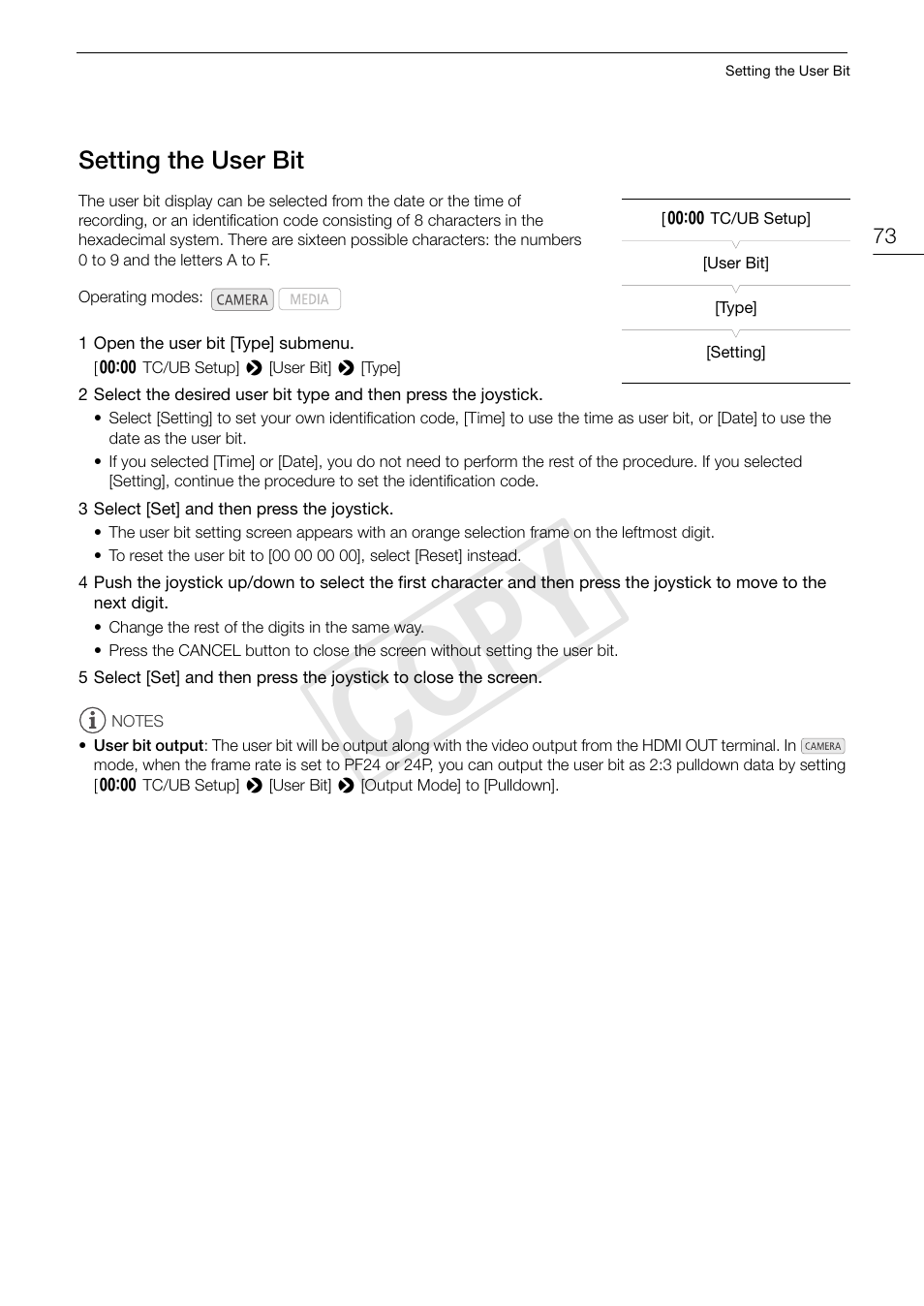 Setting the user bit, Setting the user bit 73, Cop y | Canon EOS C100 User Manual | Page 73 / 166