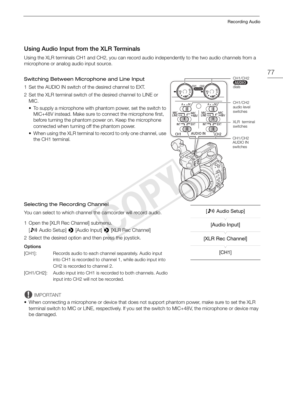 Using audio input from the xlr terminals, Using audio input from the xlr terminals 77, Cop y | Canon EOS C100 User Manual | Page 77 / 166