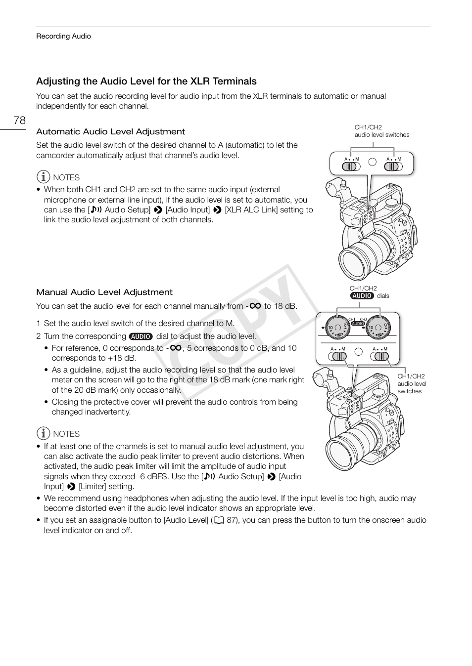 Adjusting the audio level for the xlr terminals, Adjusting the audio level for the xlr, Terminals 78 | Cop y | Canon EOS C100 User Manual | Page 78 / 166