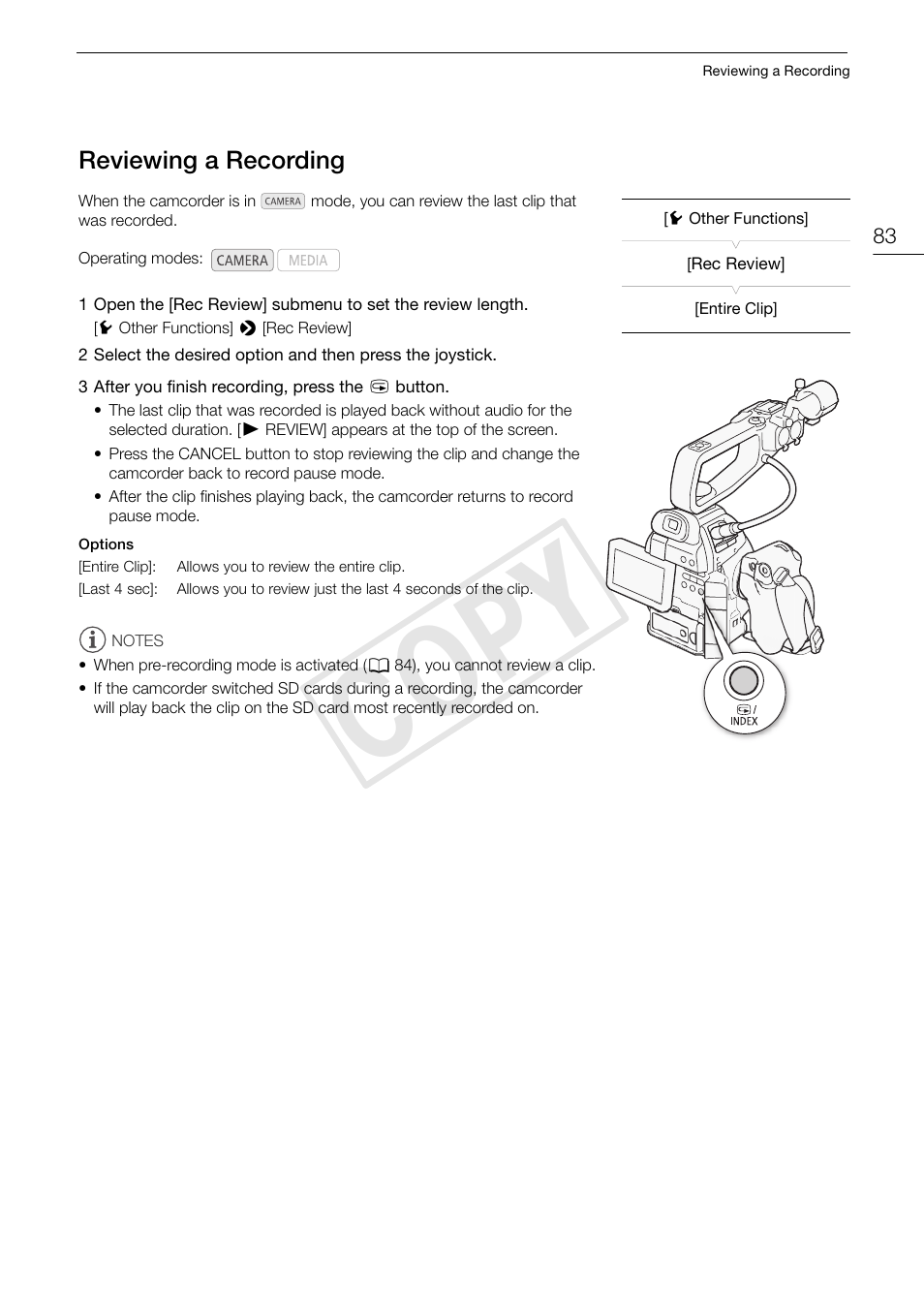 Reviewing a recording, Reviewing a recording 83, Cop y | Canon EOS C100 User Manual | Page 83 / 166