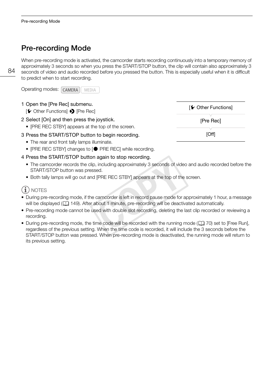 Pre-recording mode, Pre-recording mode 84, Cop y | Canon EOS C100 User Manual | Page 84 / 166