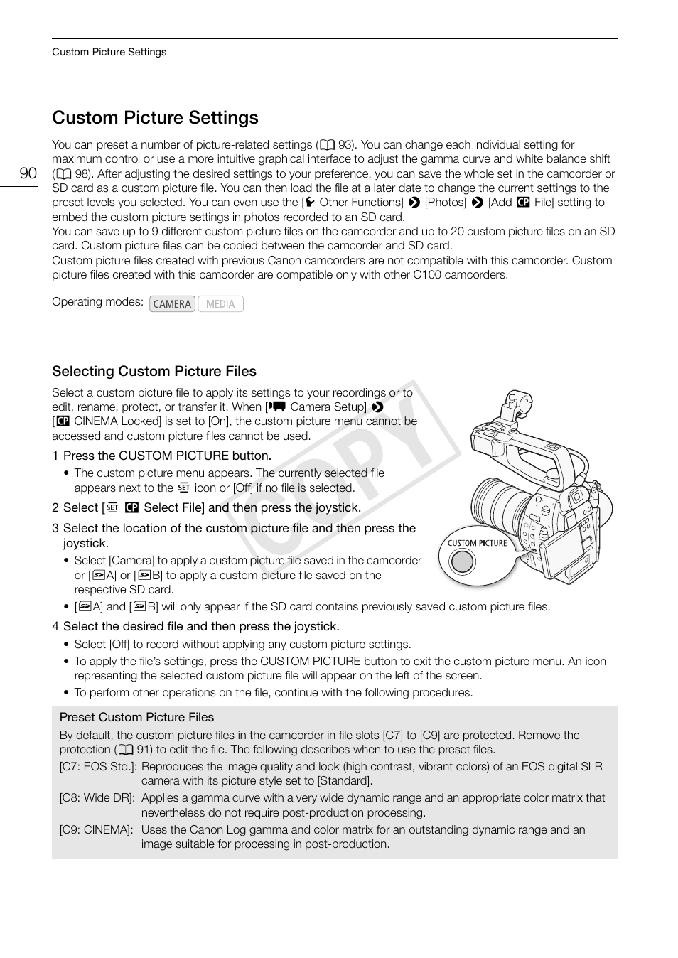 Custom picture settings, Selecting custom picture files, 90), you can | Custom picture settings 90, Selecting custom picture files 90, Cop y | Canon EOS C100 User Manual | Page 90 / 166