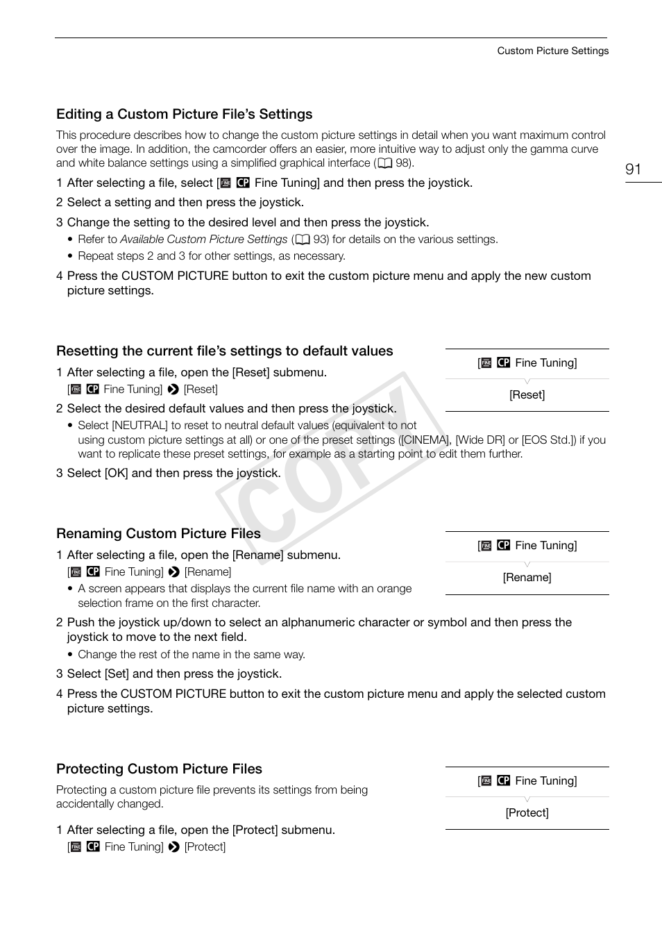 Editing a custom picture file’s settings, Renaming custom picture files, Protecting custom picture files | Values 91, Cop y | Canon EOS C100 User Manual | Page 91 / 166
