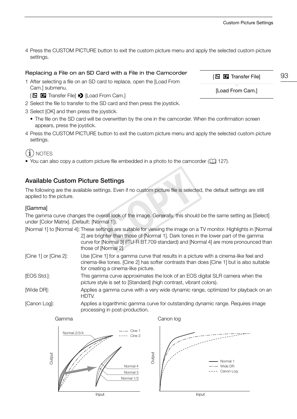 Available custom picture settings, Available custom picture settings 93, Cop y | Canon EOS C100 User Manual | Page 93 / 166