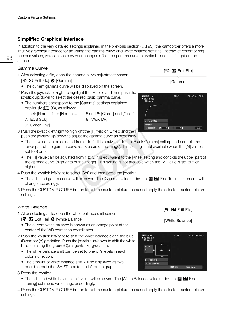 Simplified graphical interface, Simplified graphical interface 98, Cop y | Canon EOS C100 User Manual | Page 98 / 166