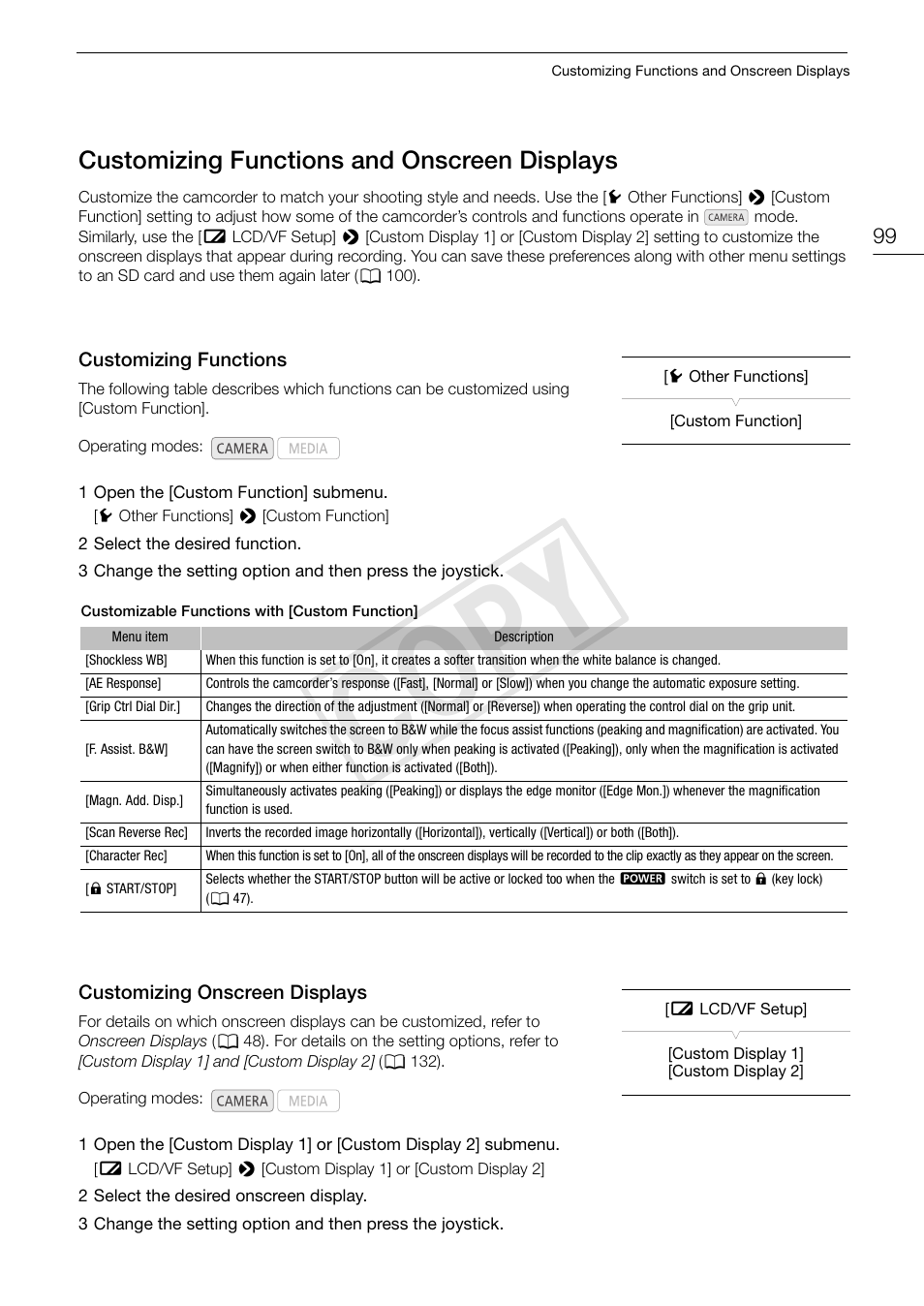 Customizing functions and onscreen displays, Customizing functions, Customizing onscreen displays | 99) an, 99) giv, Customizing functions and onscreen, Displays 99, 99) t, Cop y | Canon EOS C100 User Manual | Page 99 / 166
