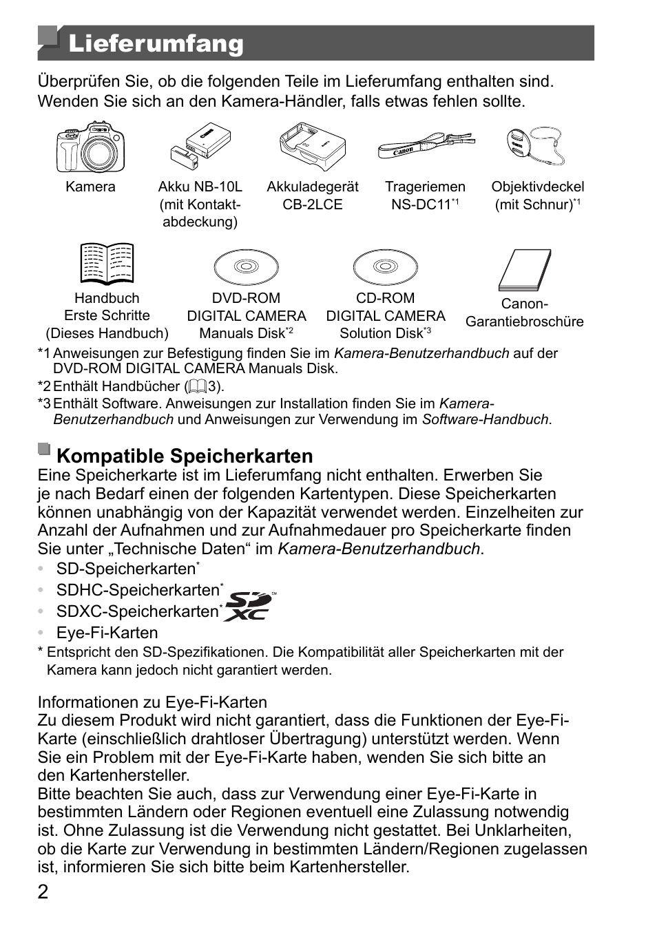 Lieferumfang, Kompatible speicherkarten | Canon PowerShot SX50 HS User Manual | Page 10 / 146