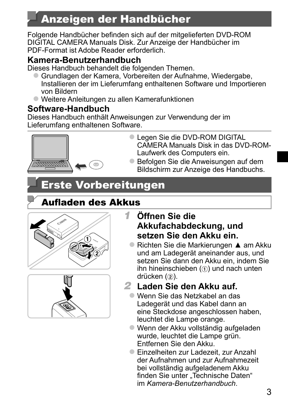Anzeigen der handbücher, Erste vorbereitungen, Aufl aden des akkus | Canon PowerShot SX50 HS User Manual | Page 11 / 146