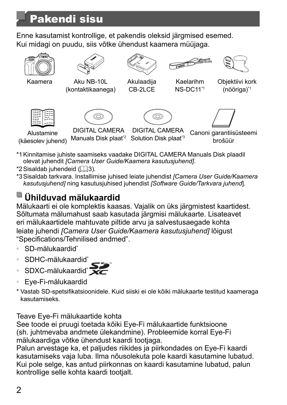 Pakendi sisu, Ühilduvad mälukaardid | Canon PowerShot SX50 HS User Manual | Page 114 / 146