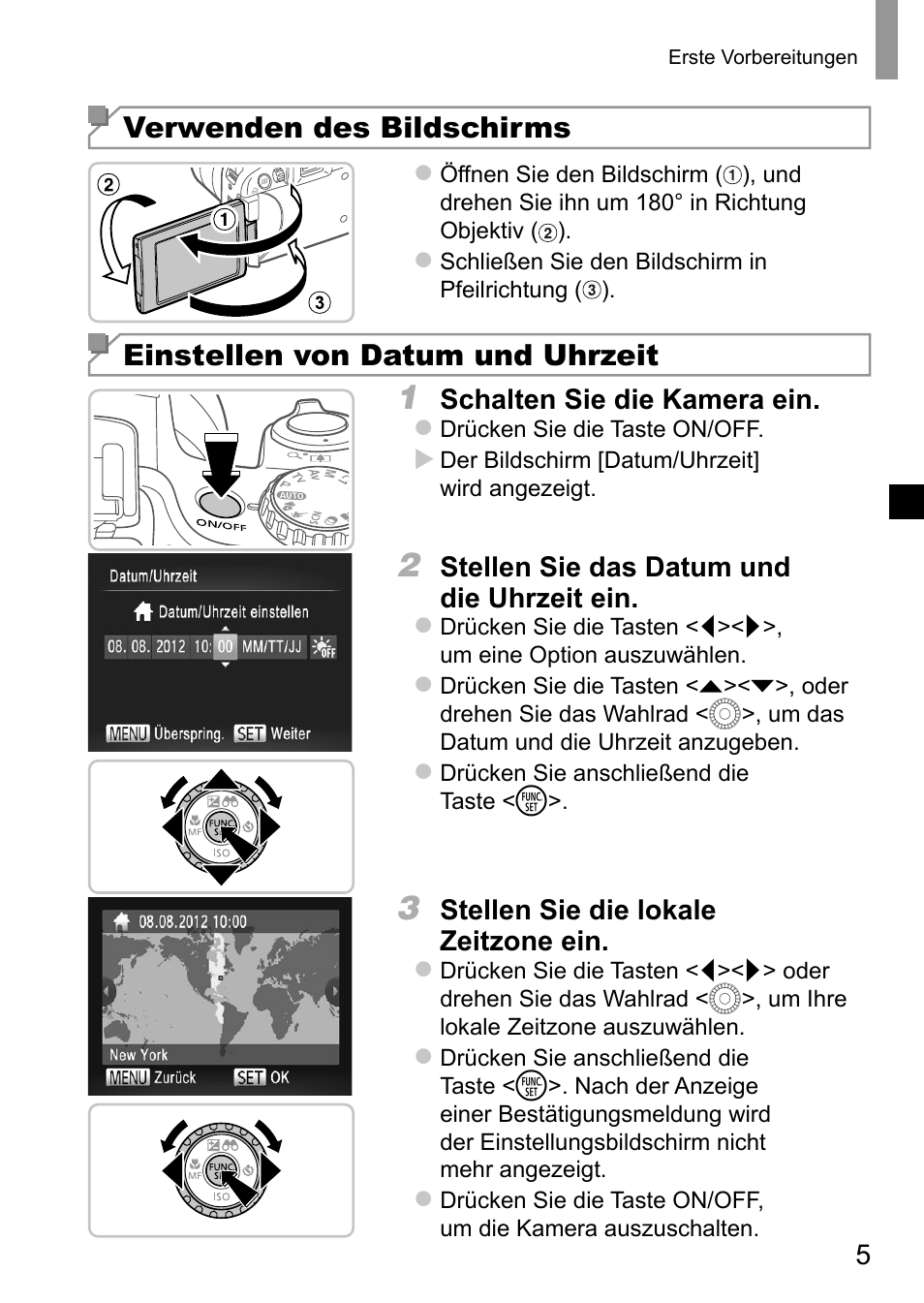 Verwenden des bildschirms, Einstellen von datum und uhrzeit | Canon PowerShot SX50 HS User Manual | Page 13 / 146