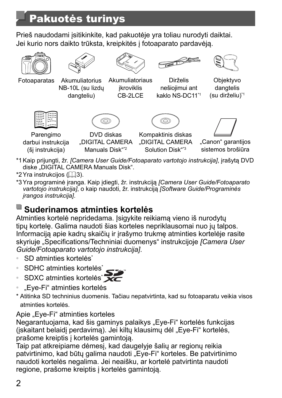 Pakuotės turinys, Suderinamos atminties kortelės | Canon PowerShot SX50 HS User Manual | Page 130 / 146