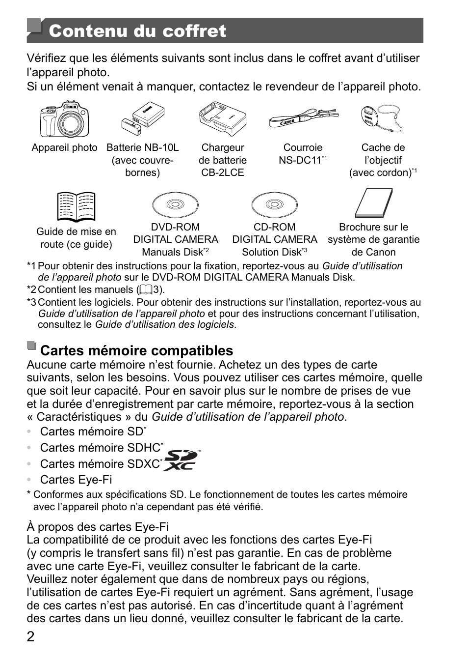 Contenu du coffret, Cartes mémoire compatibles | Canon PowerShot SX50 HS User Manual | Page 18 / 146