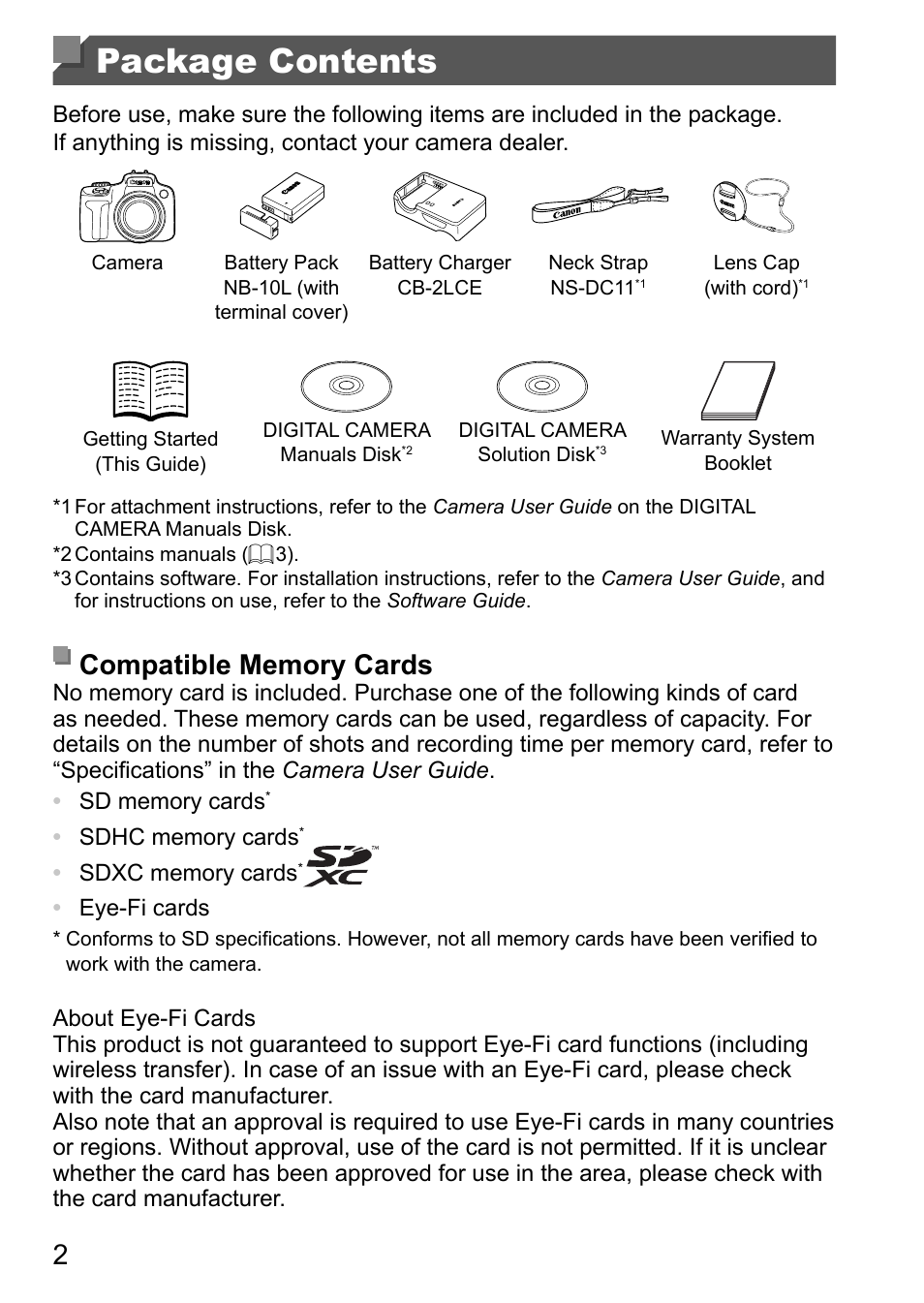 Package contents | Canon PowerShot SX50 HS User Manual | Page 2 / 146